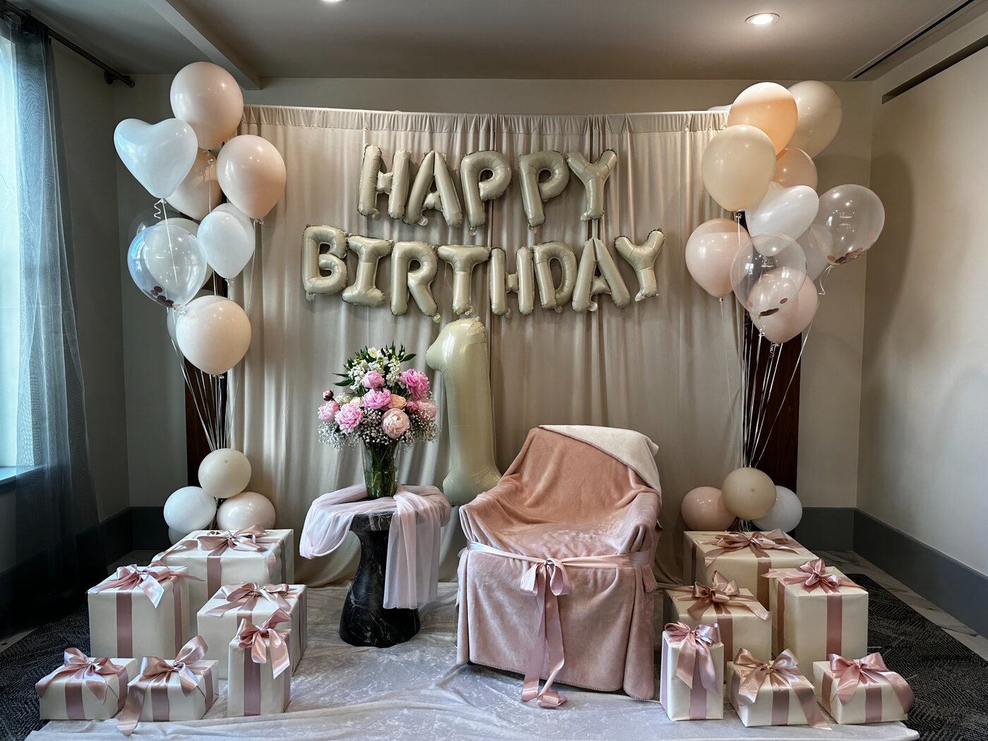Elegant birthday balloon installation by Bloom & Balloon