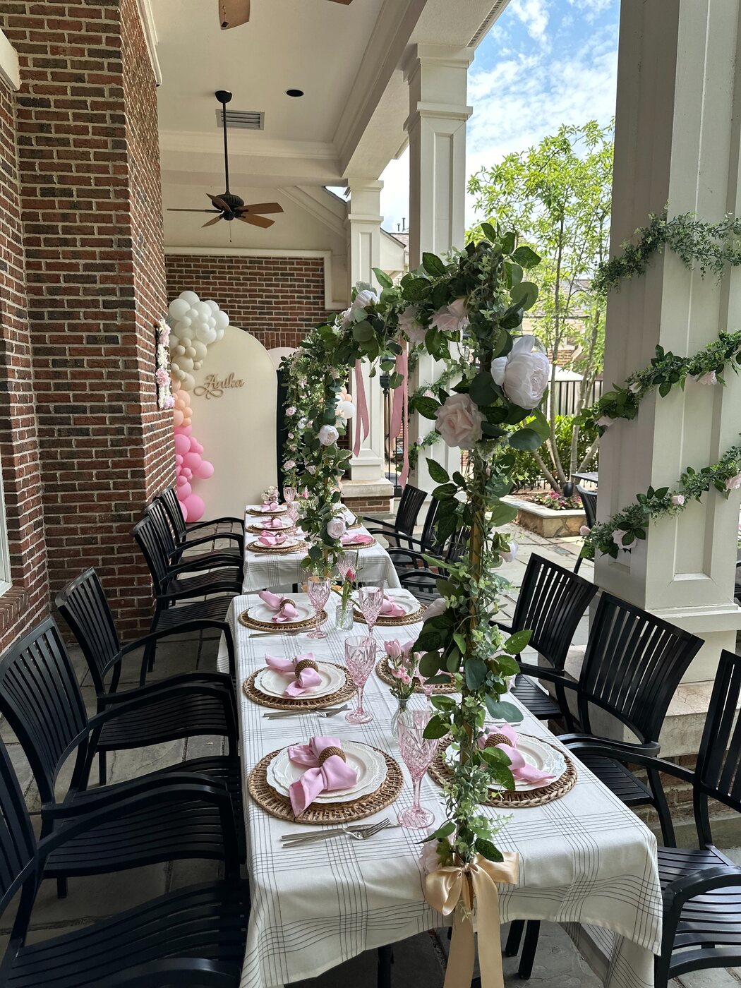 Long dinner table with floral styling